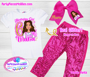 Brunette Doll Birthday Sequin Pants Outfit