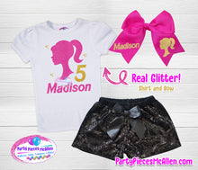 Load image into Gallery viewer, Doll Silhouette Glittery Vinyl Birthday Outfit