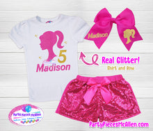 Load image into Gallery viewer, Doll Silhouette Glittery Vinyl Birthday Outfit