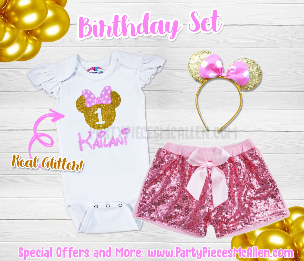 Gold Minnie Mouse Birthday Sequin Short Outfit