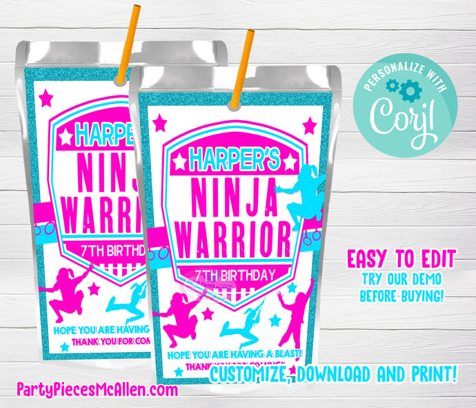 Ninja Warrior Girl Editable Capri Sun Labels
