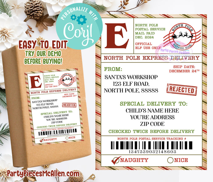 Editable Santa Claus Shipping Label, Santa Claus Rejected Naughty List