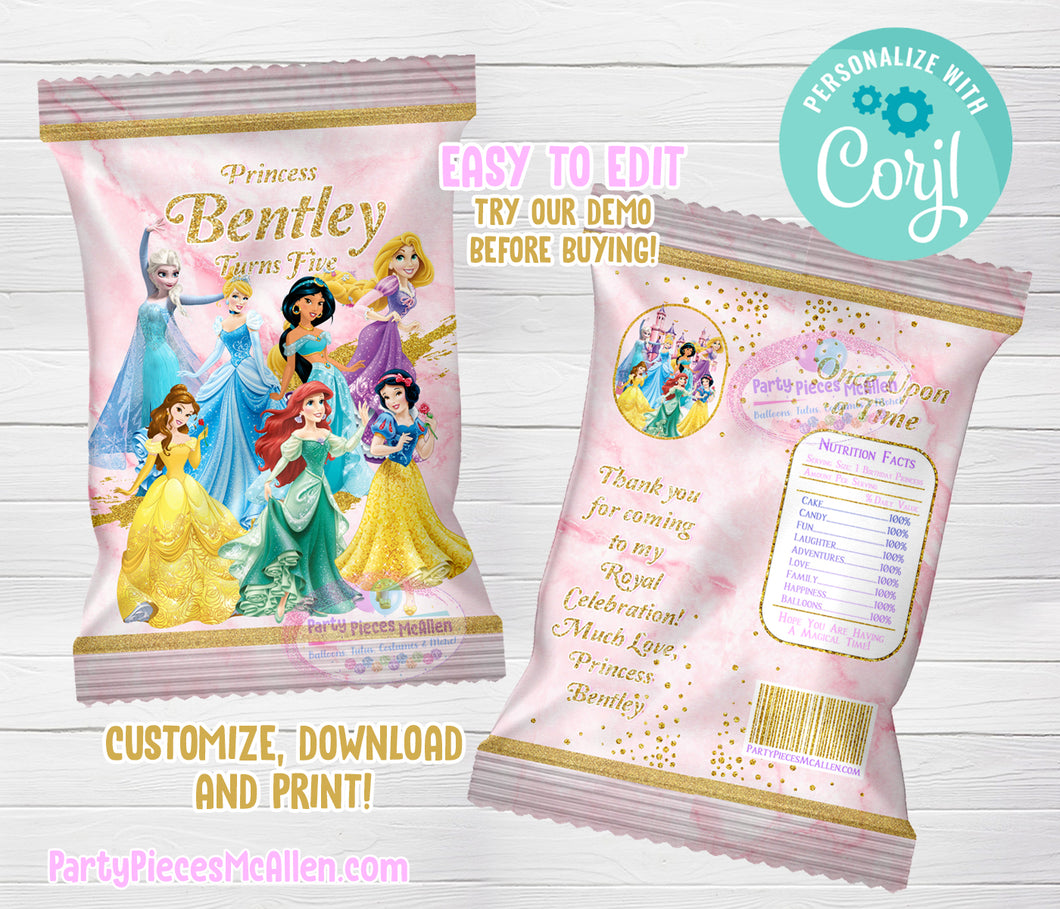 Princess Party Editable Chip Bag Label