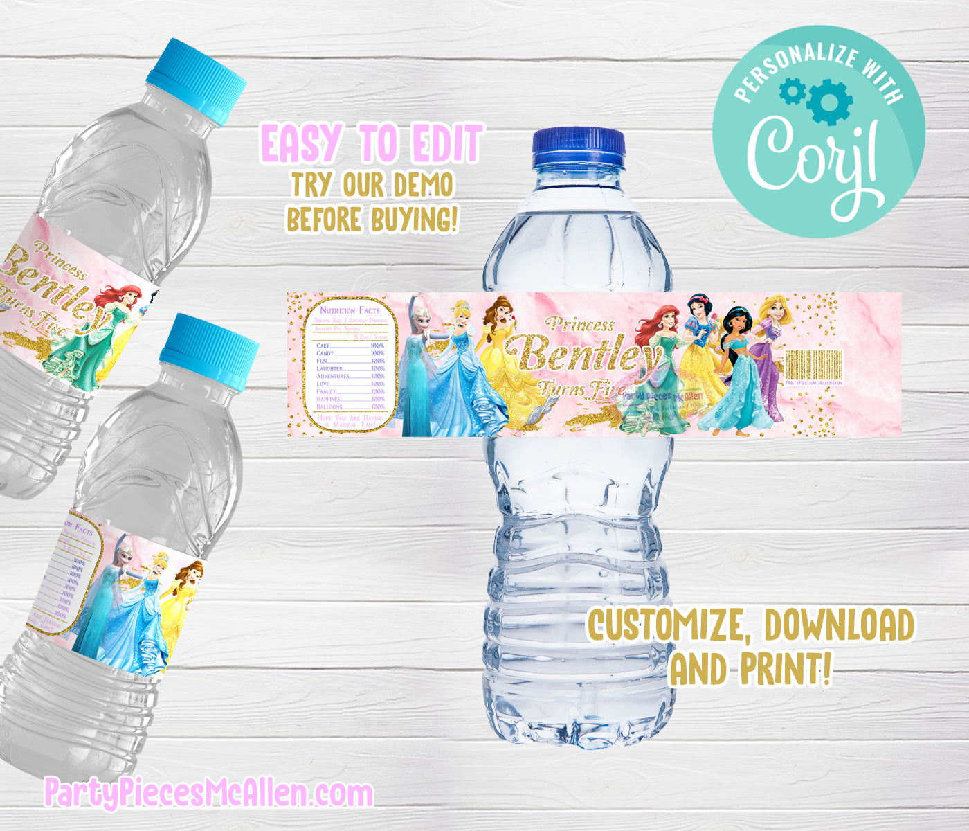 Princess Party Editable Water Label