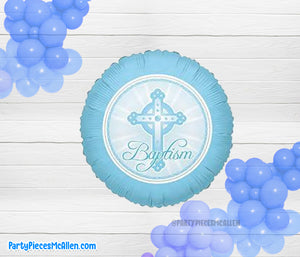 17" Blue Baptism Cross Round Foil Balloon