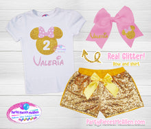 Load image into Gallery viewer, Pink &amp; Gold Minnie Mouse Sequin Short Set