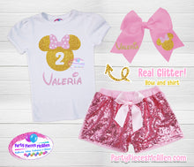 Load image into Gallery viewer, Pink &amp; Gold Minnie Mouse Sequin Short Set