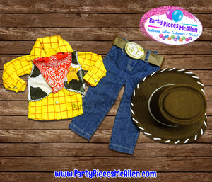 Children's cowboy costume with striped shirt, bandana, sheriff patch, denim pants, belt and hat.