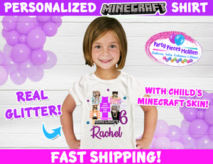 Girls Minecraft Birthday Shirt with Glitter